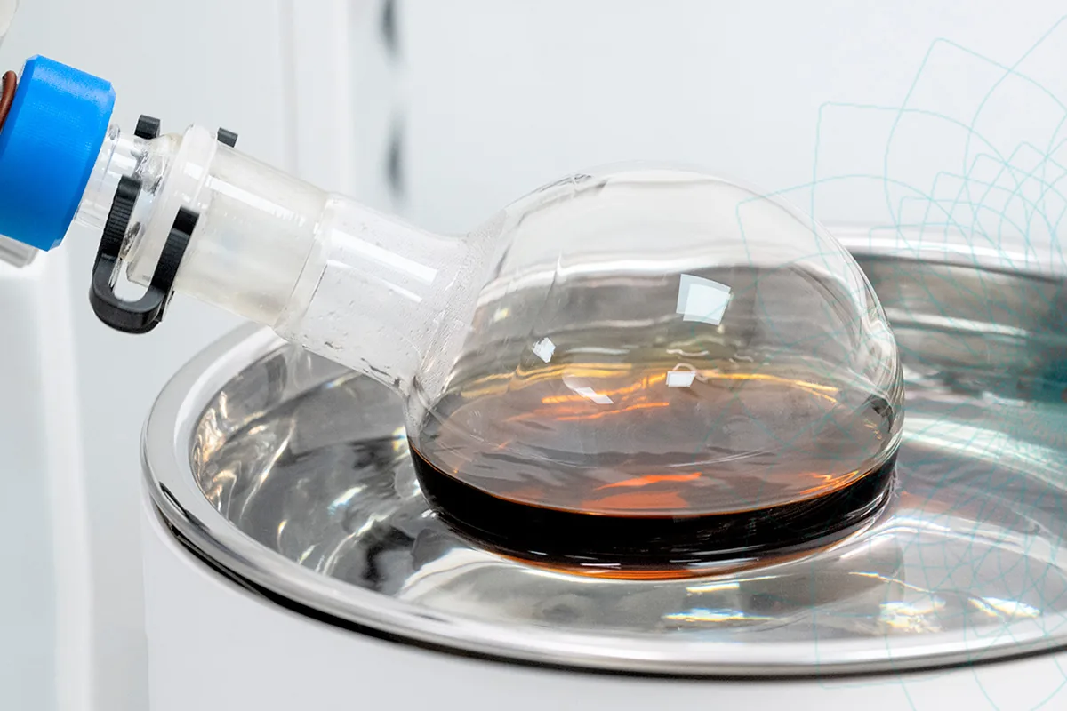 Dark tea extract inside a large round glass flask