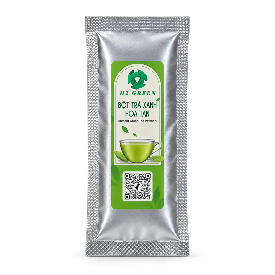 A foil sachet of H2 Green instant Green Tea Powder